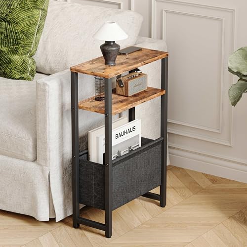 Narrow Side Table, Slim End Table with Magazine Rack, Skinny Bedside Table for Small Spaces, 3 Tier Sofa Couch Table Nightstand for Living Room, Bedroom, Rustic Brown LET503R - color: Rustic Brown, style: No Charging Station