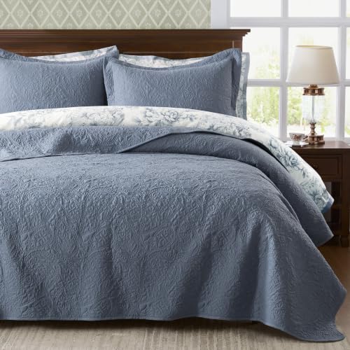 WDCOZY Paisley Quilt Set Oversize King Size, Dusty Blue Matelasse Lightweight Bedspread, Soft Farmhouse Rustic Coverlet, Spring Summer Vintage Thin Comforter, Country Bedding, 116x106 inches, 3 Pieces - color: Dusty Blue, size: Cal King (116"x106")