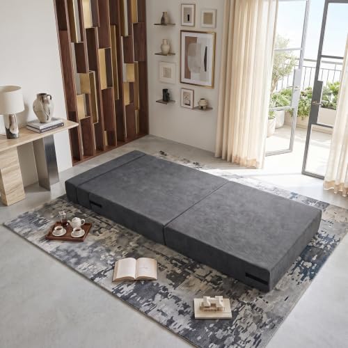 KOMFOTT Convertible Folding Sofa Bed, 4-in-1 Fold Out Sleeper Chair | Floor Sofa with Corduroy Cover, Smooth Zipper & Hook and Loop Fasteners for Living Room, Bedroom, Guest Room, Dark Grey