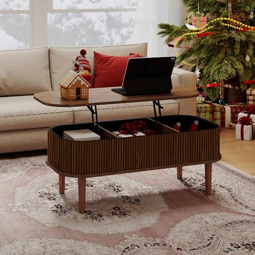 Fluted Lift Top Coffee Table with Hidden Storage, Oval Coffee Table with Lifting Top, Mid Century Modern Design for Living Room, Office & Small Spaces, Walnut - color: Walnut
