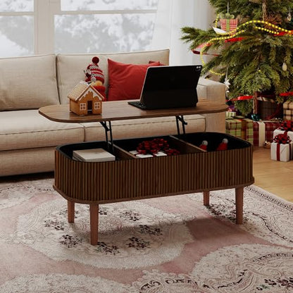 Fluted Lift Top Coffee Table with Hidden Storage, Oval Coffee Table with Lifting Top, Mid Century Modern Design for Living Room, Office & Small Spaces, Walnut - color: Walnut