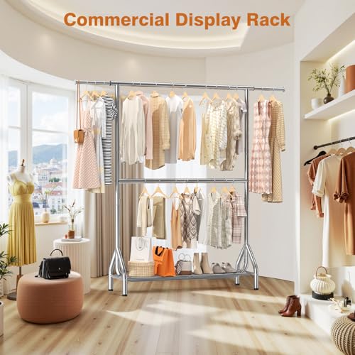 Double Rod Clothing Rack Load 622 LBS, Heavy Duty Clothes Rack for Hanging Clothes, 82.68 inch High Garment Rack with Sotrage Shelves, Metal Clothing Hanger Closet Wardrobe Organizer (Silver) - color: Silver