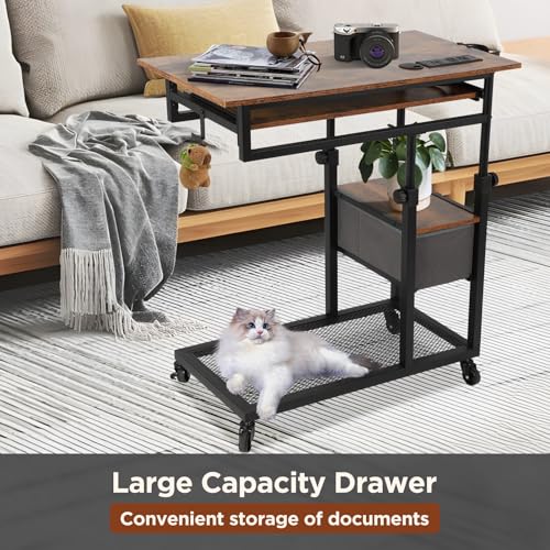 FAHKNS C Table with Wheels, Adjustable Couch Table with Charging Station, Couch with Cup Holder, Sofa Bedside Laptop Stand C Shaped TV Tray with Storage Shelves