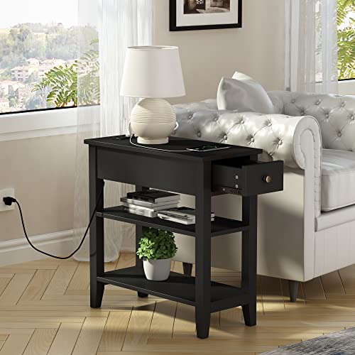 ChooChoo Narrow End Table with Charging Station and Hidden Drawer | Side Table Living Room, USB Ports, Hidden Drawer, 3-Tier Skinny Nightstand, 2 Open Storage Shelves, Small Place, Black - color: Black