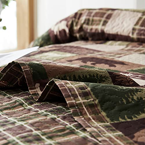Reversible Lodge Plaid Bedding Moose Bear Quilt King Size Rustic Bedspread Cabin Coverlet Wildlife Forest Daybed Cover Summer Lightweight Bed Cover Pillow Shams - color: Brown Green, size: King(108"x96")