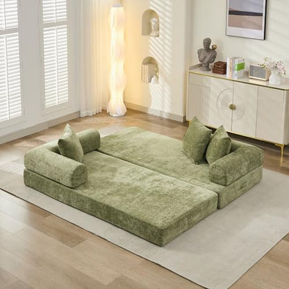 Convertible Folding Sofa Bed Modular Floor Couch, 78.8‘’ Cloud Sleeper Sofa with Removable Backrest, Chenille Foldable Mattress Couch, Lazy Loveseat for Small Space, Apartment, Bedroom, Green - color: #3-green