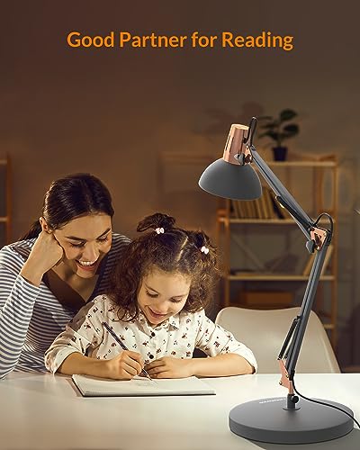 LEPOWER Metal Adjustable Desk Lamp with Clamp, Swing Arm for Home Office | Gooseneck, Architect Style, Eye-Caring Table Lamp, On/Off Switch, E26 Base, Reading for Dorm, Bedroom, Study, Back to School - color: Sand Black