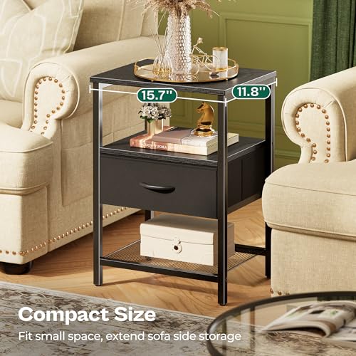 Huuger Night Stand with Fabric Drawer, Side Table with Mesh Shelf, Bedroom Nightstand, Fabric Drawer Dresser, Open Shelf, Metal Frame, Couch Side, Black | Bedroom Nightstand, Fabric Drawer Dresser, Open Shelf, Metal Frame, Couch Side, Black - color: Black