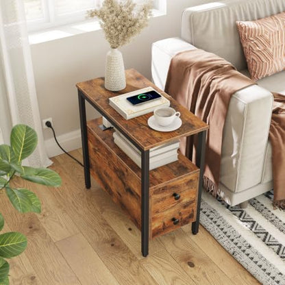HOOBRO End Table with Charging Station, Narrow Side Table with 2 Drawer & USB Ports & Power Outlets, Nightstand for Small Spaces, for Living Room, Bedroom, Rustic Brown and Black BF541BZ01 - color: Rustic Brown + Black