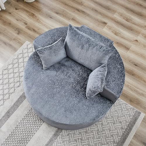 55" Oversized Round Chaise Longue Chair Indoor, Upholstered Chenille Circle Single Cloud Reading Sofa Chair Deep Seat Modern Boneless Sleeper Couch No Assembly Required, Grey - color: Grey, style: 55"Chenille