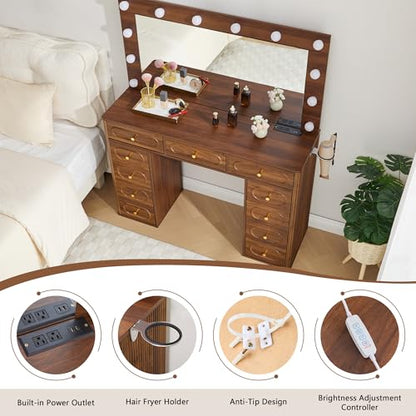 Fluted Vanity Desk with Mirror and Lights, Power Outlets, Modern Wood Vanity Desk Makeup Table with 11 Drawers, 3 Color Modes Dressing Table with Storage for Bedroom, Living Room, Walnut - style: Walnut