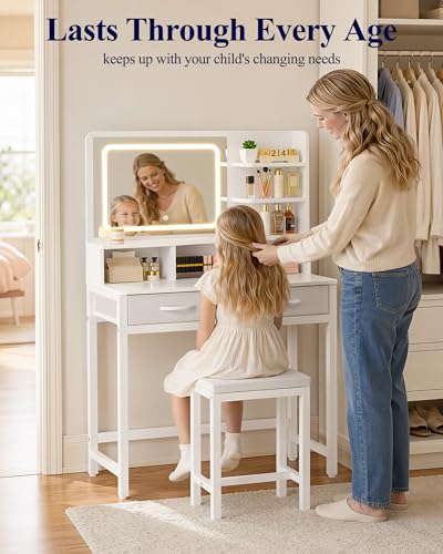Kitsure 31.5" W Small Vanity Desk with Mirror and Lights, 2 Fabric Drawers | Bedroom, Gifting, Makeup Vanity, 6 Open Shelves, 3 Lighting Modes, Stable Frame, White