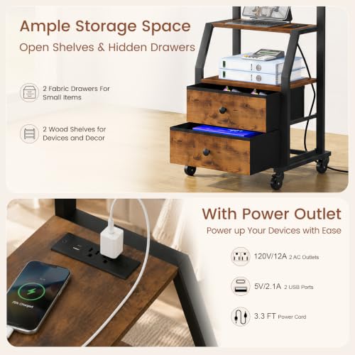 Snughome Rolling TV Stand for 32-55 Inch TVs, Mobile TV Stand with Wheels | With Mount, 2 Fabric Storage Drawers & Power Outlet, Sturdy Steel Frame,Entertainment Center for Bedroom, Living Room