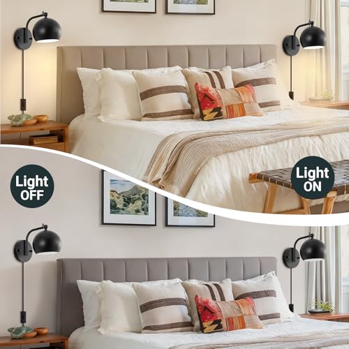 Plug in Wall Sconces Set of 2, Adjustable Angle Black Wall Lights with Plug in Cord & On/Off Switch, Bedside Wall Mount Lamps with Globe Shade for Bedroom Living Room Bathroom (2 Bulbs Included)