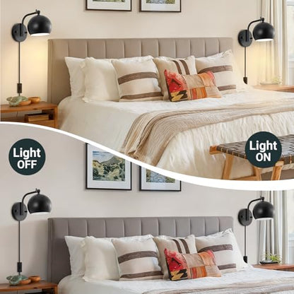 Plug in Wall Sconces Set of 2, Adjustable Angle Black Wall Lights with Plug in Cord & On/Off Switch, Bedside Wall Mount Lamps with Globe Shade for Bedroom Living Room Bathroom (2 Bulbs Included)