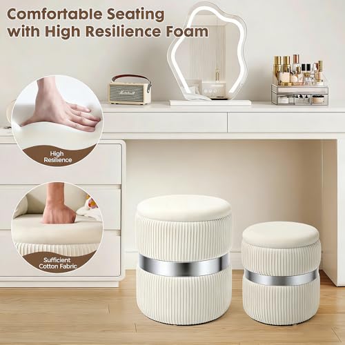 Round Ottoman with Storage Set of 2 White Velvet Vanity Stool | Upholstered,Small Ottoman Coffee Table,Removable Lid,Foot Stool for Living Room,Bedroom,Assembly Free, Silver and White - color: White