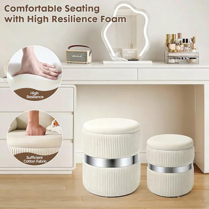 Round Ottoman with Storage Set of 2 White Velvet Vanity Stool | Upholstered,Small Ottoman Coffee Table,Removable Lid,Foot Stool for Living Room,Bedroom,Assembly Free, Silver and White - color: White