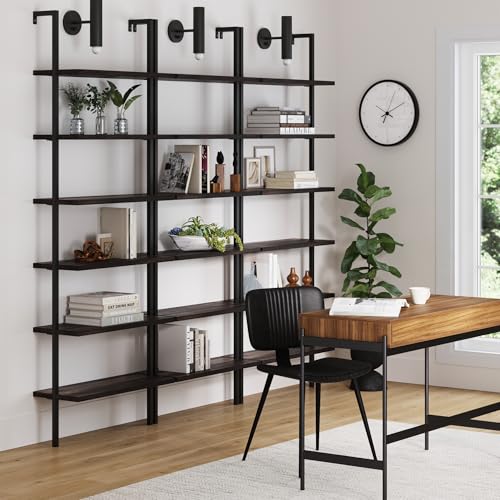 Nathan James Theo 6-Shelf Tall Bookcase, Wall Mount Bookshelf with Natural Wood Finish and Industrial Metal Frame, Nutmeg/Matte Black, Set of 3 - color: Nutmeg/Matte Black, size: Set of 3