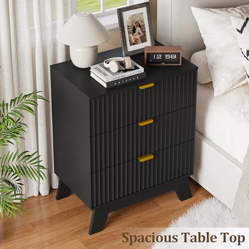 Fluted Nightstand with 3 Large Drawers, Wooden Side End Table with Elevated Legs for Easy Cleaning, Sturdy Modern Beside Table for Small Space, Bedroom, Black, 24" L - color: Black