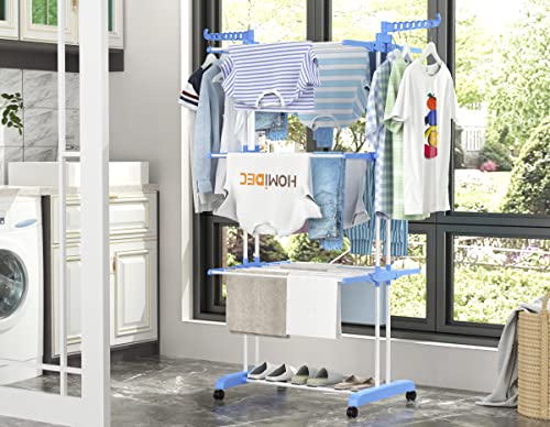 HOMIDEC Clothes Drying Rack, 4-Tier(67.7" H) Foldable Drying Rack Clothing | Foldable Stainless Steel Drying Rack, Movable Laundry Drying Rack with 4 Castors and 14 Hooks for Bed Linen, Clothing, Blue - color: Blue