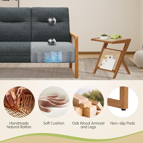 Alunaune Modern Loveseat Bench Couch with Natural Rattan Arm, Upholstered Linen Small Love Seat Sofa 2-Seats Living Room Couch Settee, Comfy Lounge Recliner Chair-Grey - color: Grey