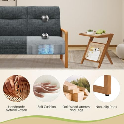 Alunaune Modern Loveseat Bench Couch with Natural Rattan Arm, Upholstered Linen Small Love Seat Sofa 2-Seats Living Room Couch Settee, Comfy Lounge Recliner Chair-Grey - color: Grey