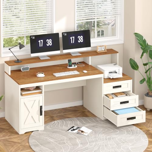 65" Farmhouse Computer Desk with Drawers and Printer Stand for Home Office | Office Desk with Power Outlets and Storage Cabinet, Study Writing Desks with Long Monitor Stand, Brown and White - color: Brown and White