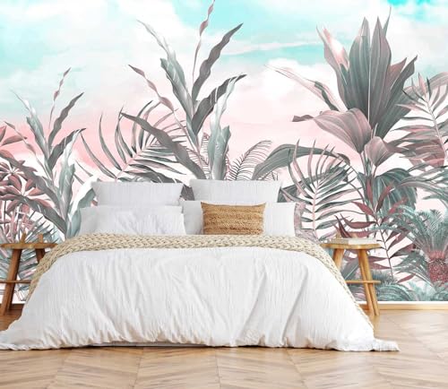 Toolhom Tropical Leaves Flowers Seamless Pattern Mural | 149"x96" non-self-adhesive wallpaper for bedroom, living room, bathroom decorative art background wall - color: MURAL-216, size: 149" x 96"