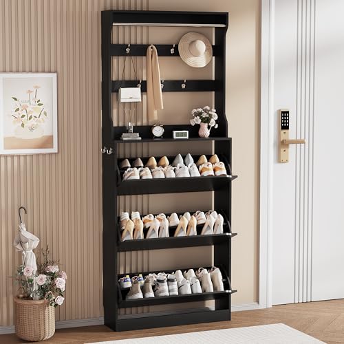 Black Hidden Shoe Cabinet with 3 Flip Drawers & Coat Rack, Entryway | 2-in-1 Hall Tree Combines Shoe Rack Organizer and Coat Storage, Slim Design with Hooks & Adjustable Shelves for Narrow Spaces - color: Black, size: Tall 3 Drawers