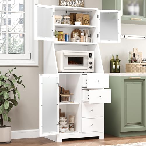64'' Kitchen Pantry Storage Cabinet, Tall Kitchen Storage Cabinet with Microwave Stand, Hutch Cabinet with Adjustable Shelves, for Dining Room (White) | Save Space, Microwave Stand, Hutch Cabinet for Dining Room, Kitchen, Modern White - color: White