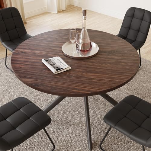 HIPIHOM 45.3 Inch Round Dining Table Set for 4, Mid Century Modern MDF Coffee Set for Dining Room Kitchen Apartment (Dark Walnut Table + 4 U-Shaped Black Chairs) - color: Walnut Table+4 Black Chairs U-shaped