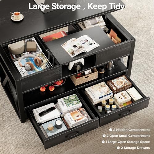 40" Lift Top Coffee Table with Storage,Black | 4 in 1 Multi-Function Lifting top Coffee Tables with Storage Drawers and Hidden Compartmen,for Living Room - color: Black
