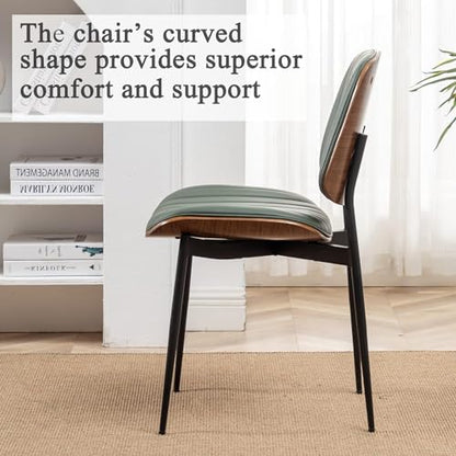 LUNLING Dining Chairs Set of 4 Mid Century Modern Retro Faux Leather Chair with Walnut Bentwood Upholstered Seat Metal Legs Chairs,Adjustable Foot for Kitchen Dining Room Chairs(Green) - color: Green, size: Set of 4