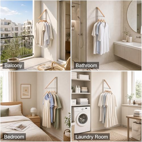 LEQ Clothes Drying Rack Wall Mounted, Foldable Laundry Drying Rack with Wood-Tone Aluminum Frame, Rustproof Retractable Clothes Hanger for Small Laundry Room, Bathroom, Balcony,White - size: 1 Rack