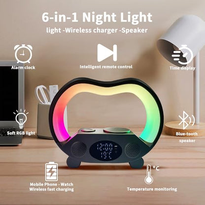 IHAO 6in1 Wireless Charging Station with Bluetooth Speaker Time&Temperature Display Alarm Clock 7-Color LED Night Lights Fast Charger for Phone, Apple Watch, Earbuds Remote Control Auto Shutoff-Black - color: 6in1 Wireless Charger Alarm Clock ZS932 Black