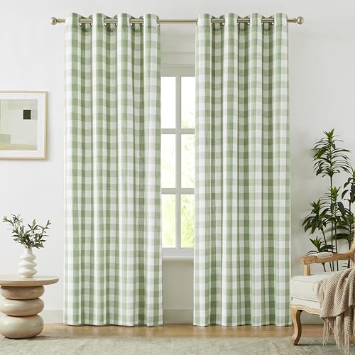 Amzdecor Buffalo Plaid Grommet Curtains 84 Inch Length, Green Semi-Sheer Gingham Check Farmhouse Rustic Textured Curtains Drapery for Living Room Bedroom,2 Panels （52" x 84",Sage Green & White） - color: Green/White, size: 52"W x 84"L (Pack of 2)