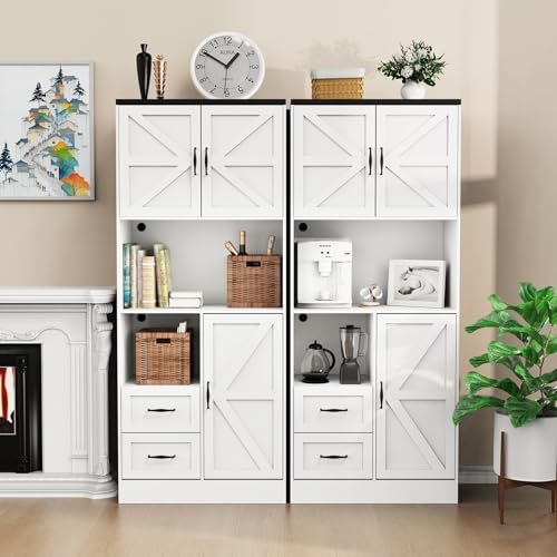 Farmhouse Kitchen Pantry Cabinet with LED Lights and Power Strip, Tall Kitchen Storage Cabinet, Kitchen Hutch with Microwave Stand & Barn Doors and Drawers for Dining Room (White) - color: White, style: Modern