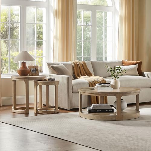 24" Round Nesting Coffee Table Set of 2, Solid Wood Coffee Tables Mid Century Rustic Farmhouse Side End Tea Table for Living Room, Apartment (Light Brown) - color: 24" Light Brown