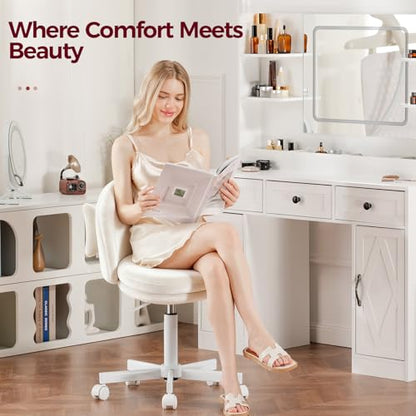 GTPLAYER Velvet Tall Office Chair with Wheels Vanity Chairs with Back, Versatile Height Use: Office to Bar Stools Small Ergonomic Comfy Armlees Computer Desk Chair with Bow Lumbar Pillow for Gift - color: Ve-white
