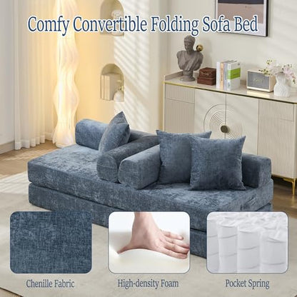 Convertible Folding Sofa Bed Modular Floor Couch, 78.8‘’ Cloud Sleeper Sofa with Removable Backrest, Chenille Foldable Mattress Couch, Lazy Loveseat for Small Space, Apartment, Bedroom, Blue - color: #3-blue