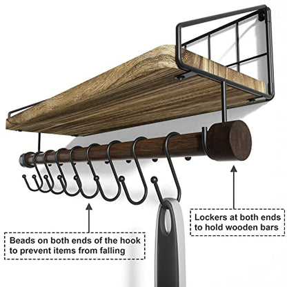 Alsonerbay Floating Shelf for Wall with Wooden Towel Bar, Carbonized Black | 8 removable hooks, rustic finish, space-saving, holds utensils & mugs, easy installation, kitchen & bathroom use - color: Carbonized Black