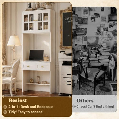 Besiost Farmhouse Desk with Glass Hutch, Small Writing Study Desk with Drawers, Multi-Function Desk for Home Office, Bedroom, Kitchen, Distressed White (27.6" L × 11.8" D × 80" H) - color: Distressed White, size: 27.6"