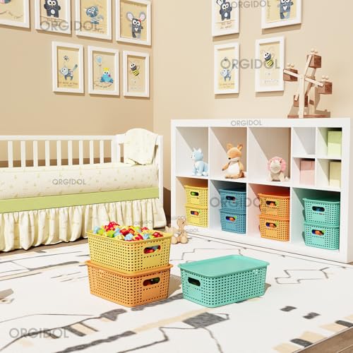 ORGIDOL Plastic Storage Basket with Lids 10 Pack Stackable Colorful Storage Bins Containers with Lid, Decorative Storage Boxes for Organizing Shelves, Drawers, Playroom, Classroom, Office, Closet - color: Colorful, size: 10 Pack