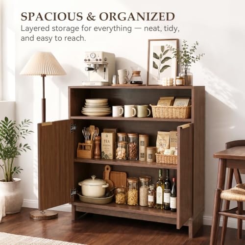 Buffet Cabinet with Storage, 31.5" Wide Kitchen Sideboard, Walnut | Mid Century Modern Wood Fluted Cabinet with Doors& Adjustable Shelves for Entryway Living Room Hallway Coffee Bar Dining Room - color: Walnut