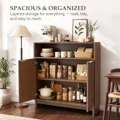 Buffet Cabinet with Storage, 31.5" Wide Kitchen Sideboard, Walnut | Mid Century Modern Wood Fluted Cabinet with Doors& Adjustable Shelves for Entryway Living Room Hallway Coffee Bar Dining Room - color: Walnut