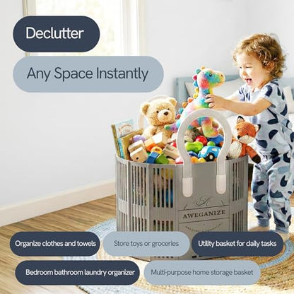 Collapsible Laundry Basket with Handles, 40L Foldable Clothes Hamper Folds 3cm Flat, Space Saving for Apartment, Dorm, RV, Small Spaces, Portable Grocery Tote - color: Grey