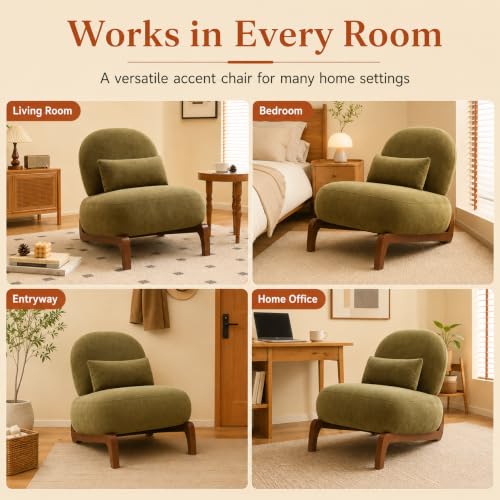 Modern Velvet Armless Accent Chair with Solid Wood Legs, Upholstered Single Lounge Chair, Comfy Reading Chair for Living Room, Bedroom & Reading Nook (Green + Fabric, 1 Pack, Solid Wood) - color: Green + Fabric, size: 1 Pack