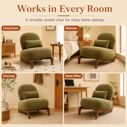 Modern Velvet Armless Accent Chair with Solid Wood Legs, Upholstered Single Lounge Chair, Comfy Reading Chair for Living Room, Bedroom & Reading Nook (Green + Fabric, 1 Pack, Solid Wood) - color: Green + Fabric, size: 1 Pack