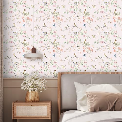 17.7"x78.7" Rustic Hummingbird Floral Wallpaper Peel and Stick Decorative Purple/Pink Floral Contact Paper for Cabinets Drawers Removable Self Adhesive Mural Wallpaper for Bedroom Nursery