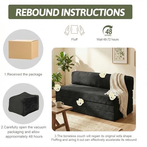 5-in-1 Convertible Sofa Bed, Boneless Couch Loveseat with Removable Cushions & Washable Cover, Futon Sofa Bed with Handle, Pull Out Couch for Small Spaces, Full Size, Black - color: Black, size: Full Size-80''L*54''W